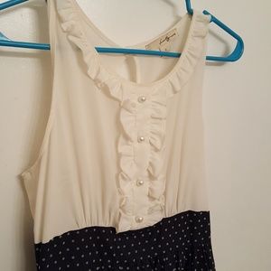 Fringe and pearls | navy polka dot dress